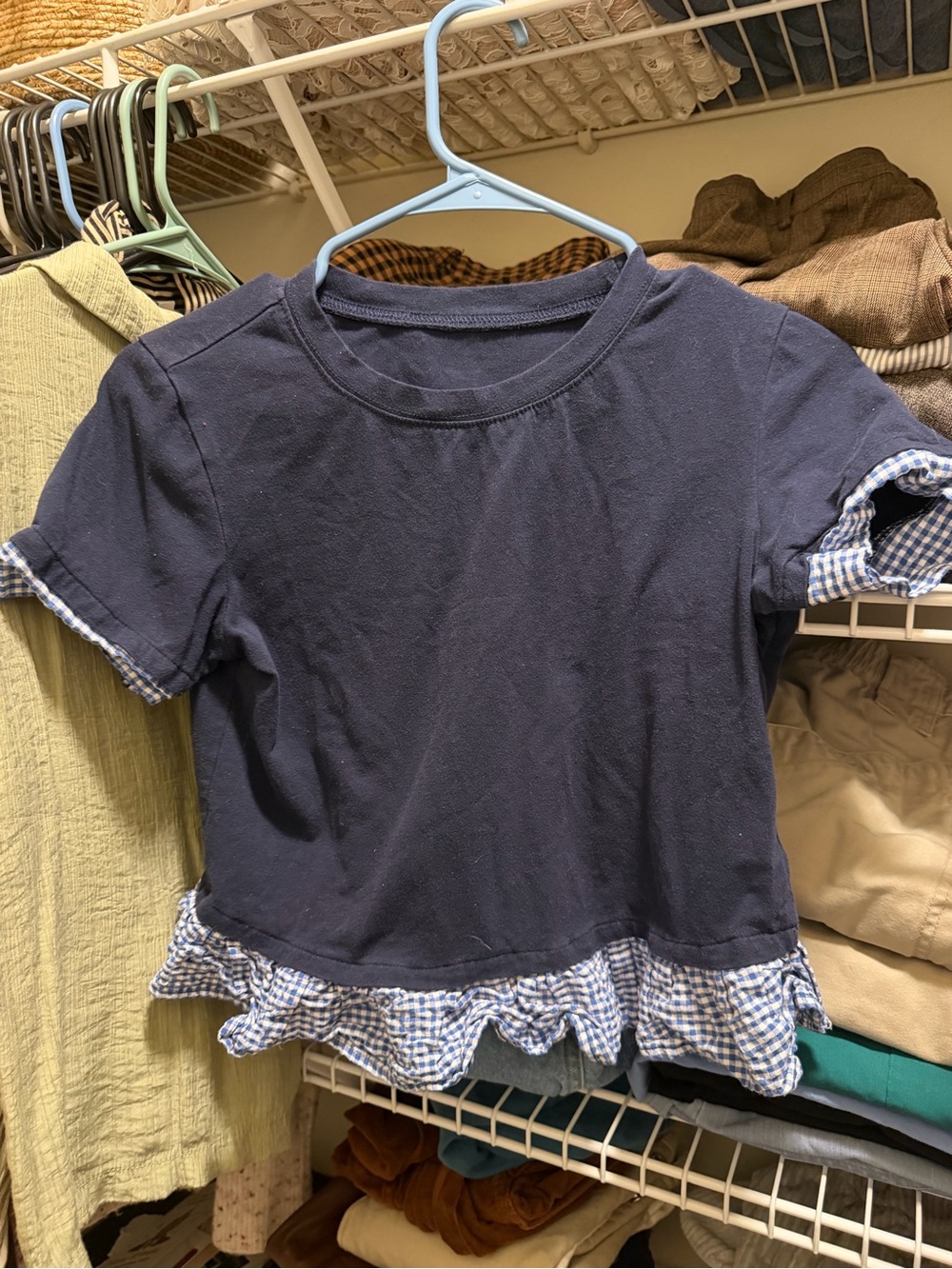 Girls Navy Blue Ruffle-Hem Tee with Gingham Trim